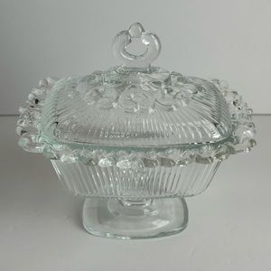 Vintage Indiana Clear Glass Ribbed Footed Lace Edge Lidded Candy Dish